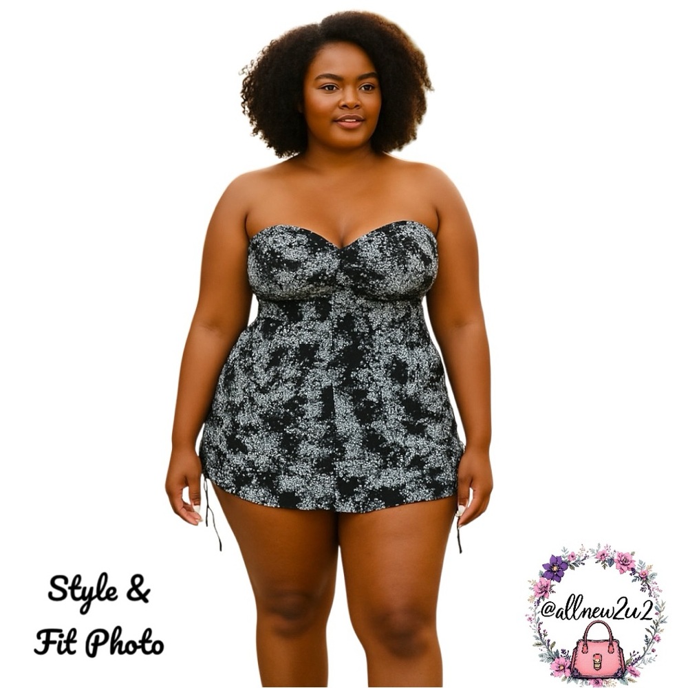 Pure Energy Black & White Floral Tankini Swim Top Size 26W